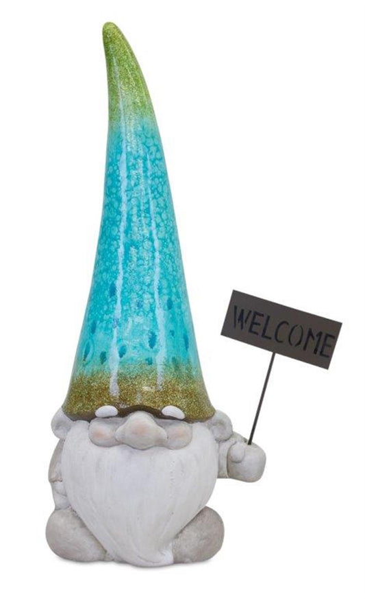 Terra cotta garden gnome statue with welcome sign 24"h