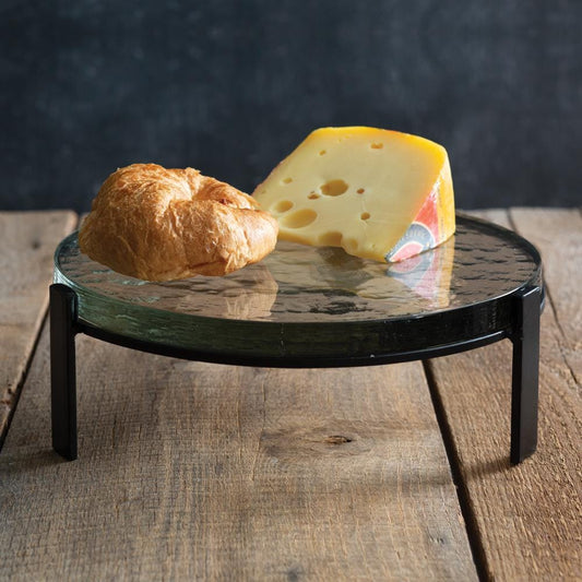 Blocked Glass Dessert Stand – Glass Cake Plate with Black Metal Legs