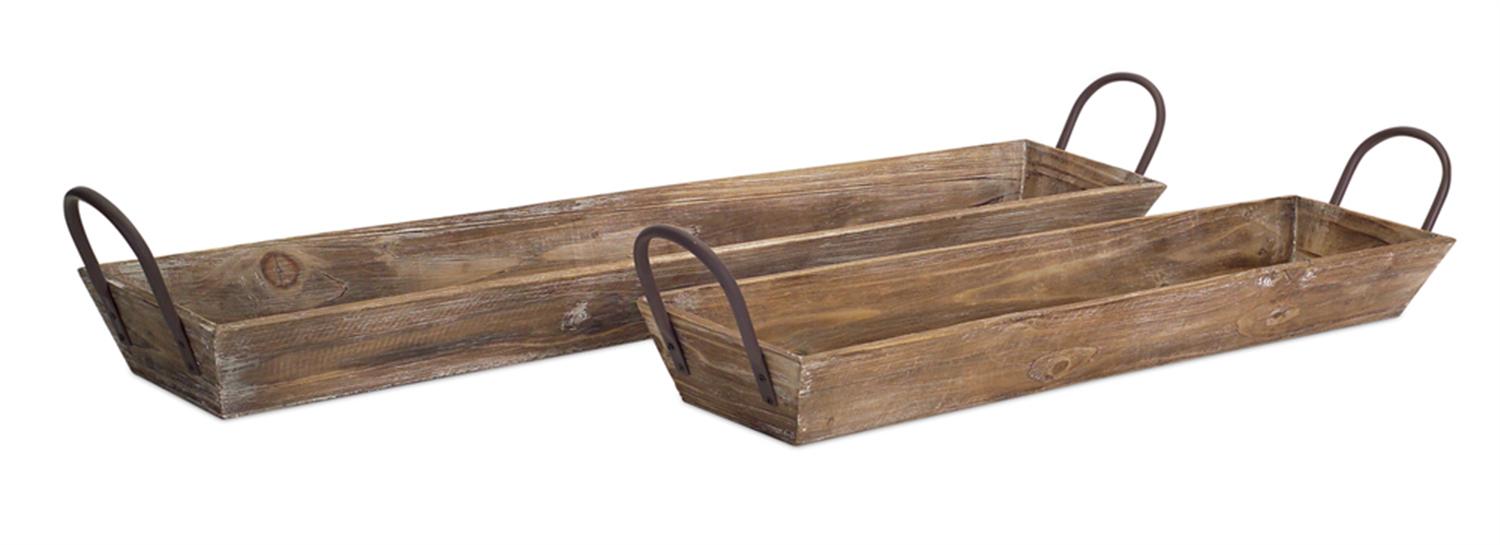Large Rustic Wooden Serving Trays with Metal Handles – Farmhouse Decor (Set of 2)