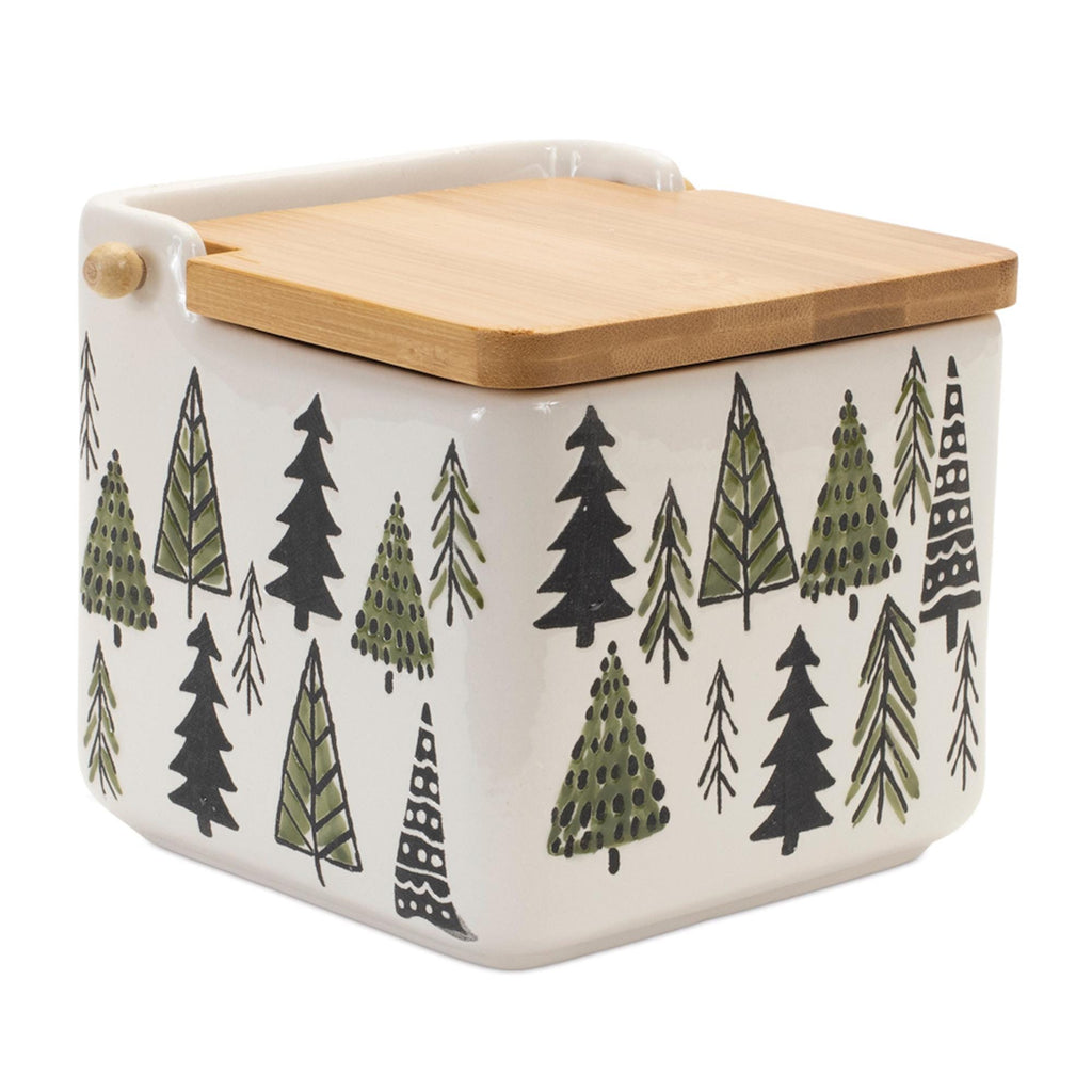 Ceramic pine tree canister with wood lid 5.25"