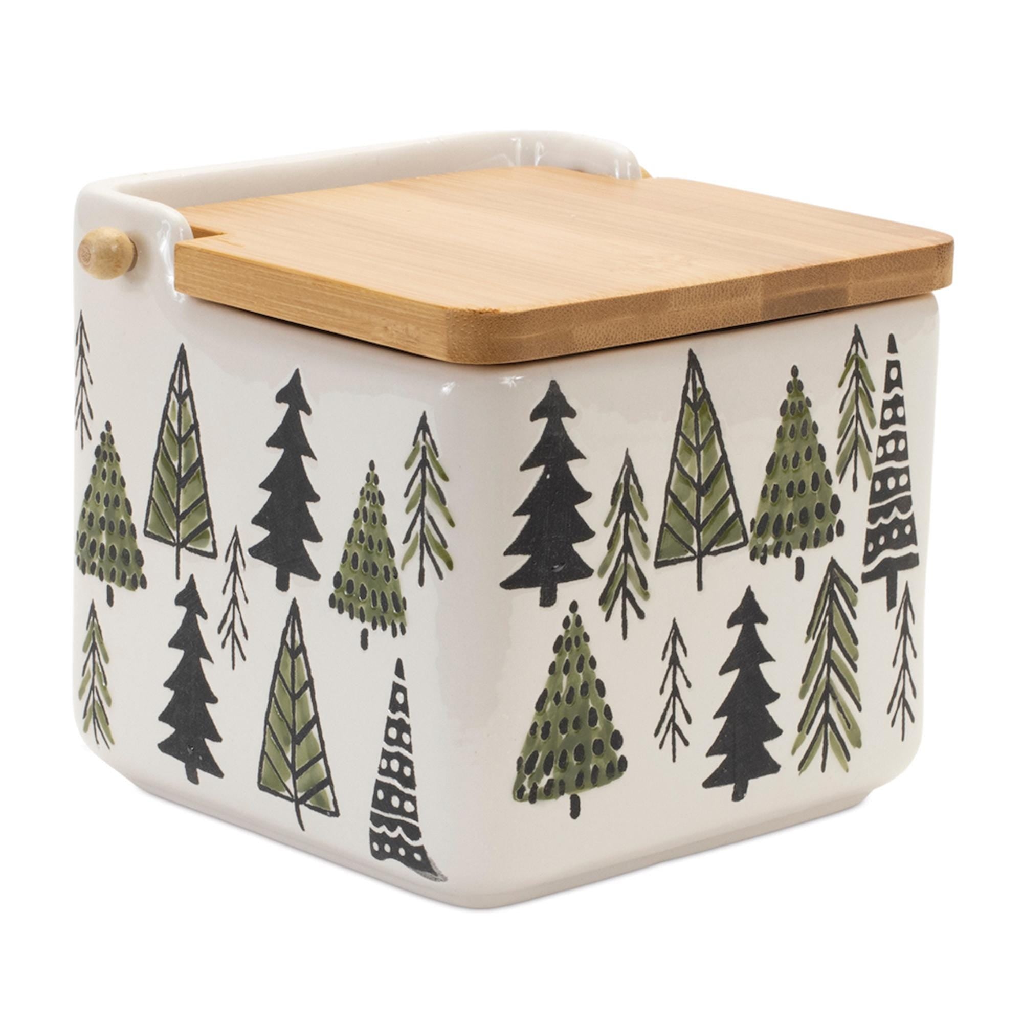 Ceramic pine tree canister with wood lid 5.25"