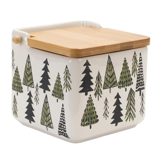 Ceramic pine tree canister with wood lid 5.25"l