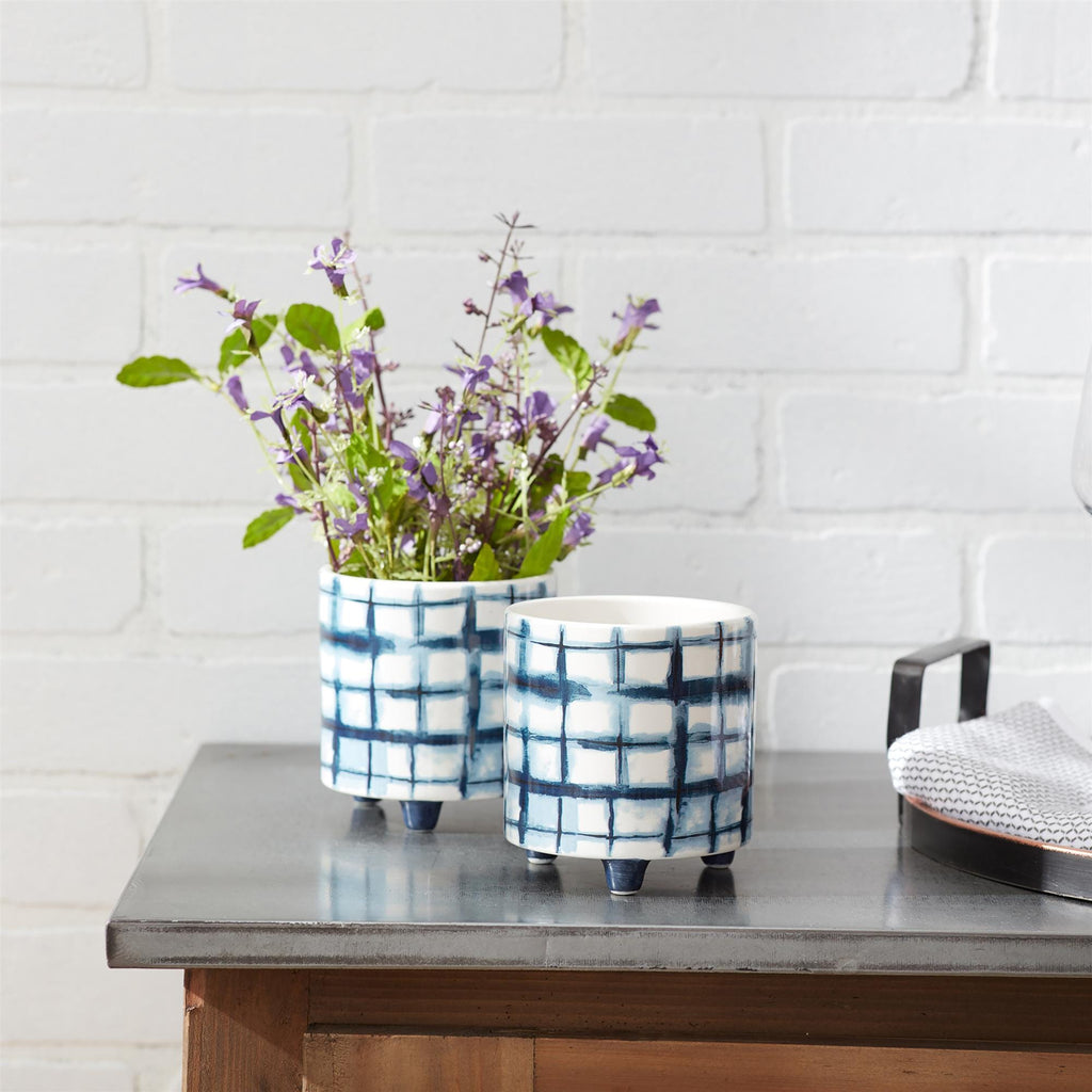 Blue and White Footed Planter Set (2 Small Pots)