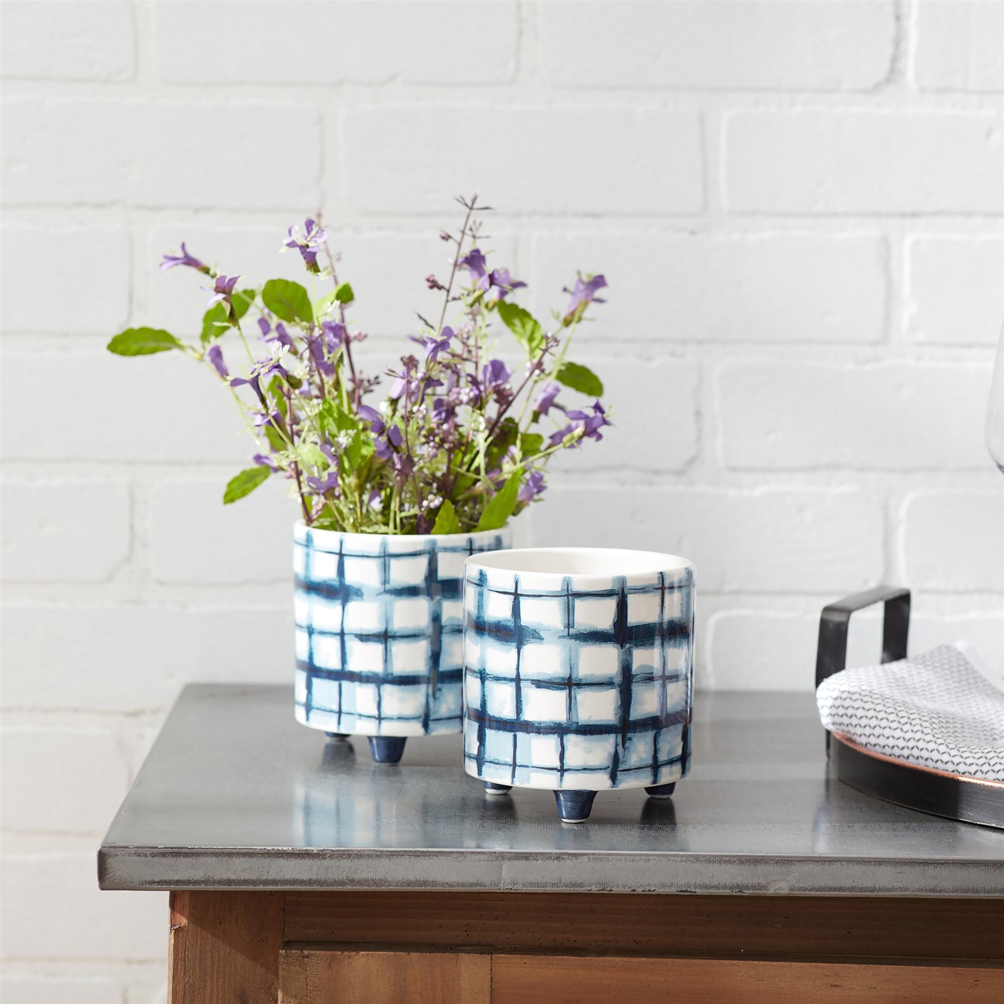 Blue and White Footed Planter Set (2 Small Pots)