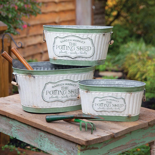 Set of Three Rustic Potting Shed Buckets – Galvanized Metal with Wood Handles