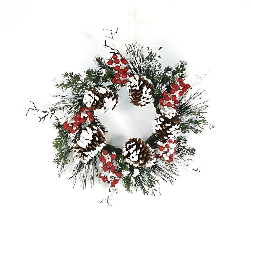 Snow Mixed Pine Berry Wreath – 20”D