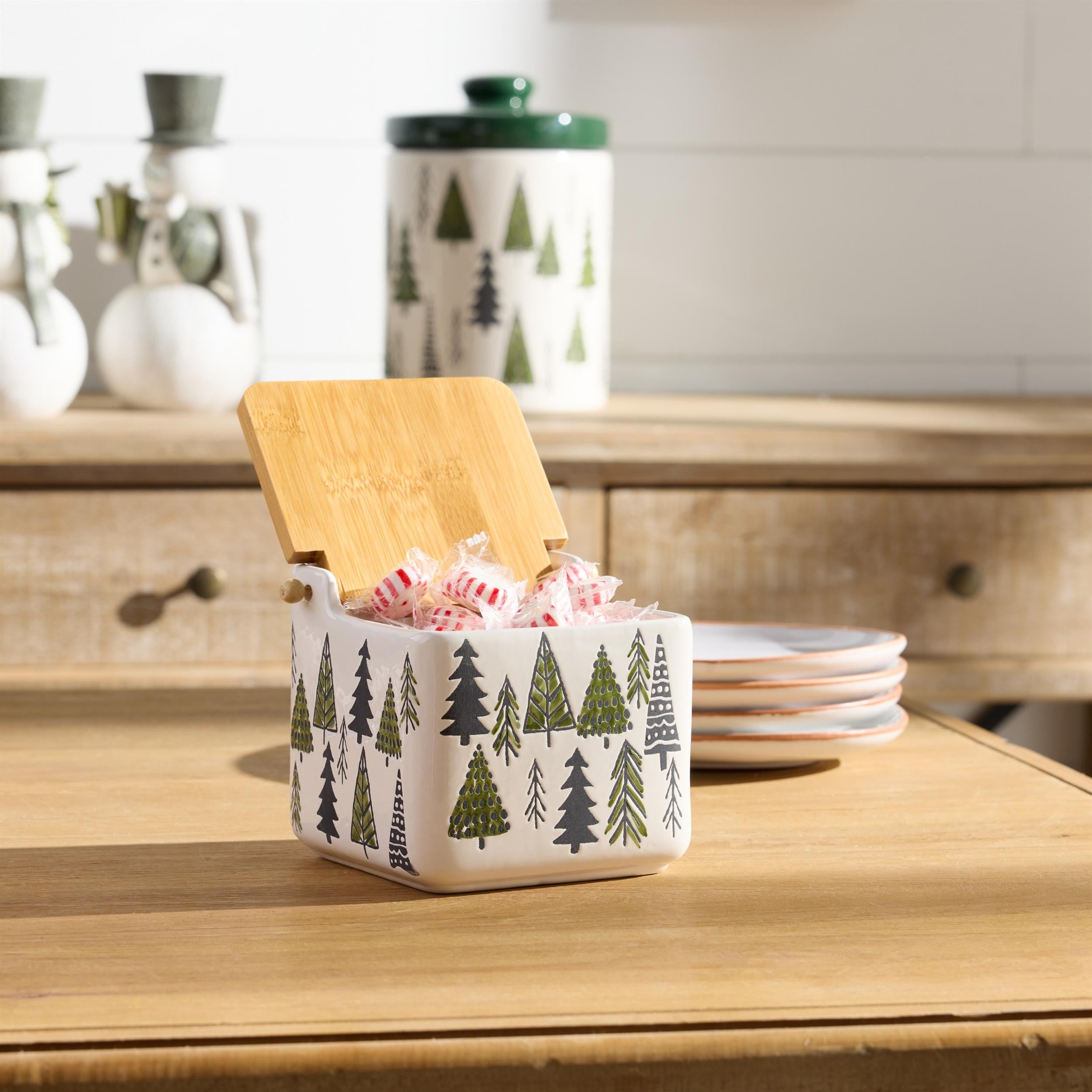 Ceramic pine tree canister with wood lid 5.25"