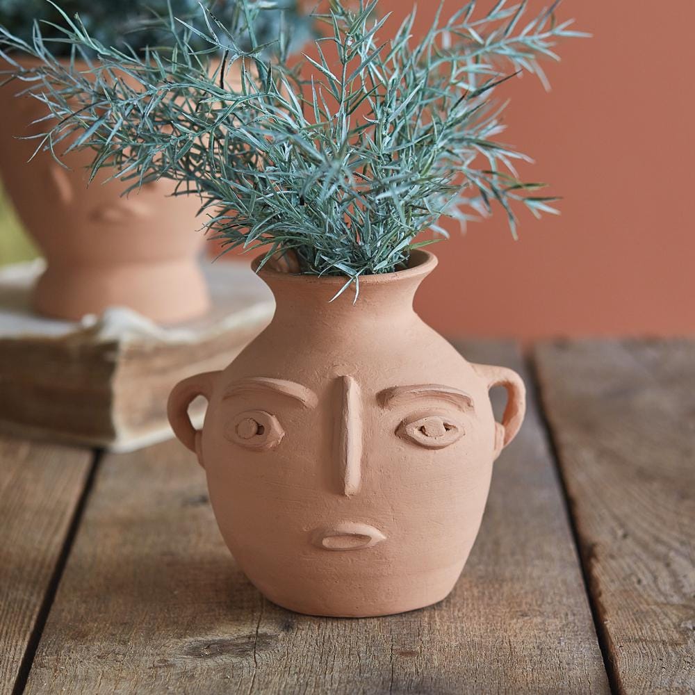 Abstract Face Terra Cotta Jug – Handmade Decorative Vase