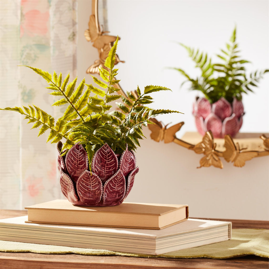 Plum Stoneware Bud Vases Set of 2 | Farmhouse Leaf Shelf Decor