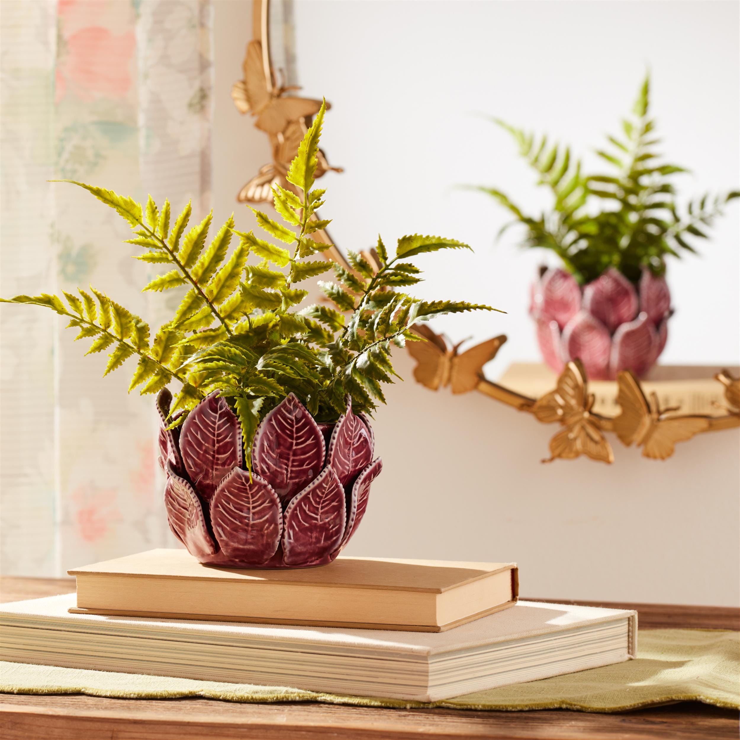 Plum Stoneware Bud Vases Set of 2 | Farmhouse Leaf Shelf Decor
