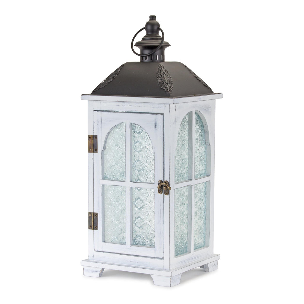 White wood lantern with ornate frosted glass (set of 2)