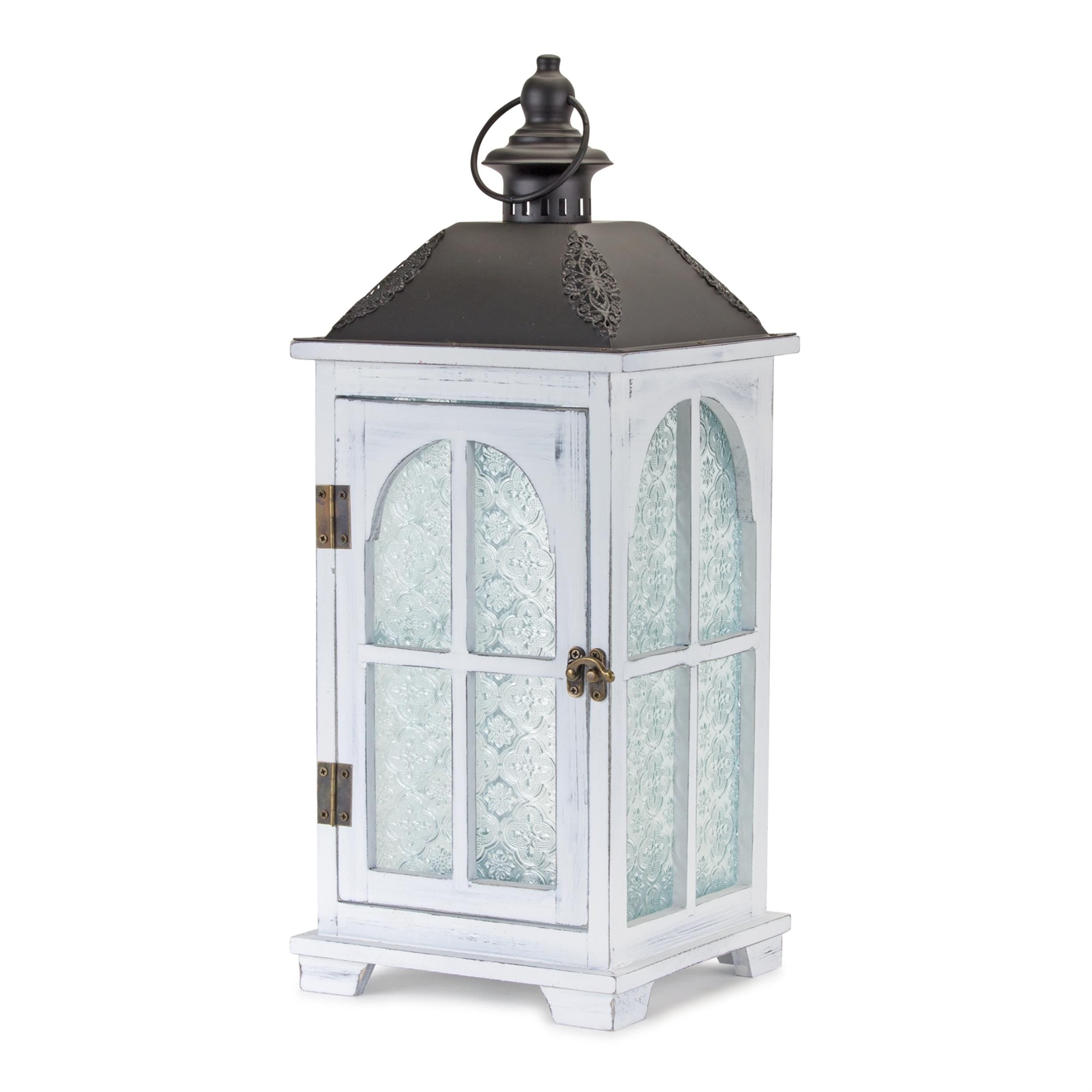 White wood lantern with ornate frosted glass (set of 2)