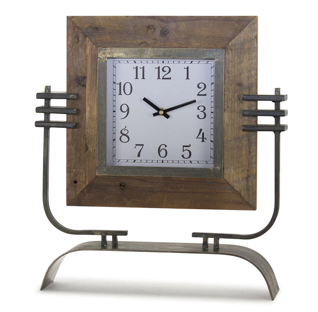 Rustic Wood Tabletop Clock on Metal Stand
