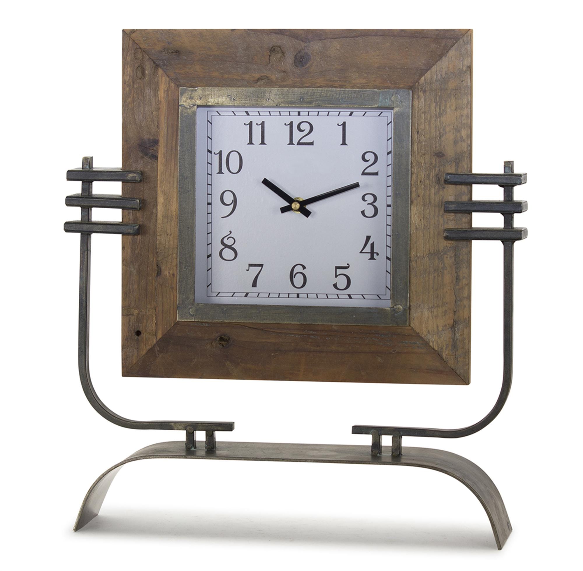 Rustic Wood Tabletop Clock on Metal Stand