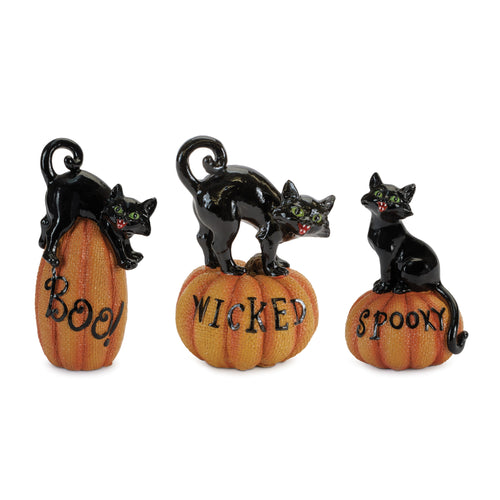 Black Cat on Pumpkin Figurine Set of 3