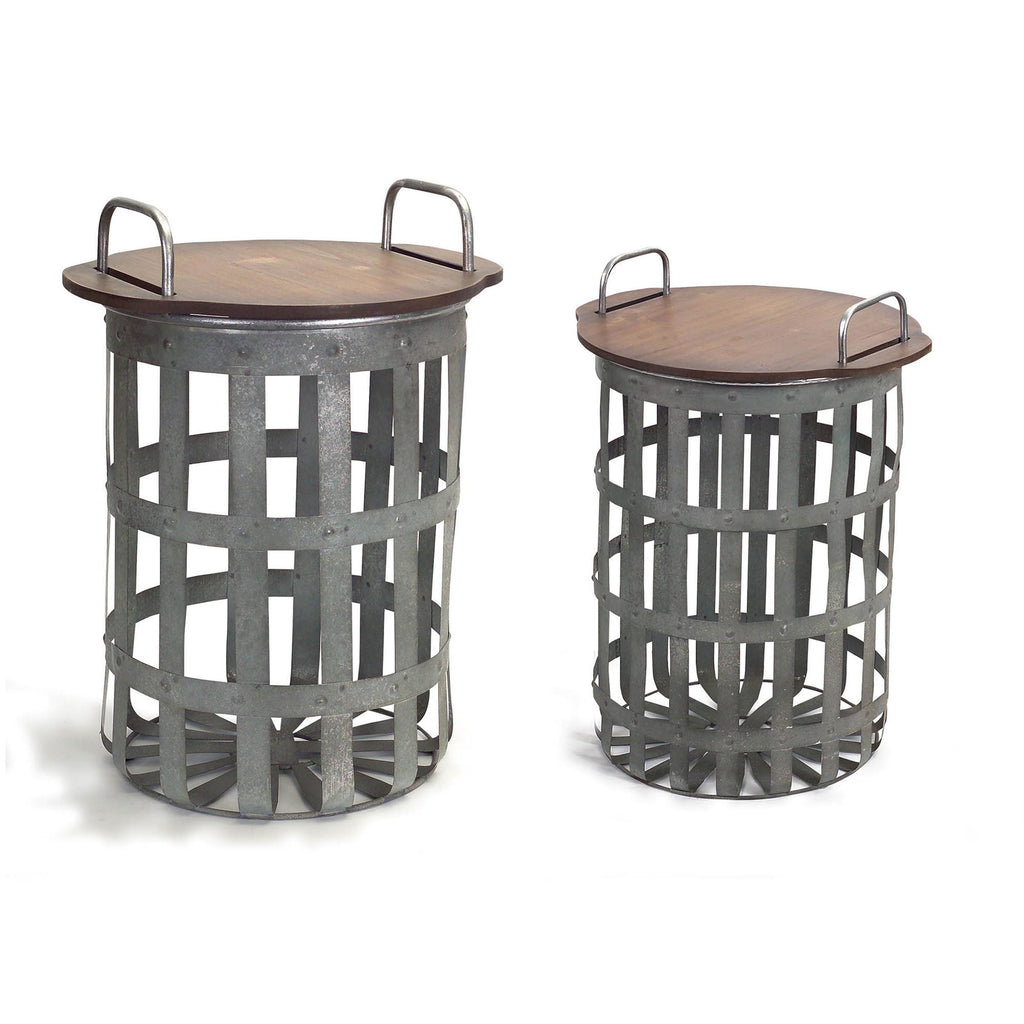 Farmhouse Wood & Metal Basket Side Tables (Set of 2)