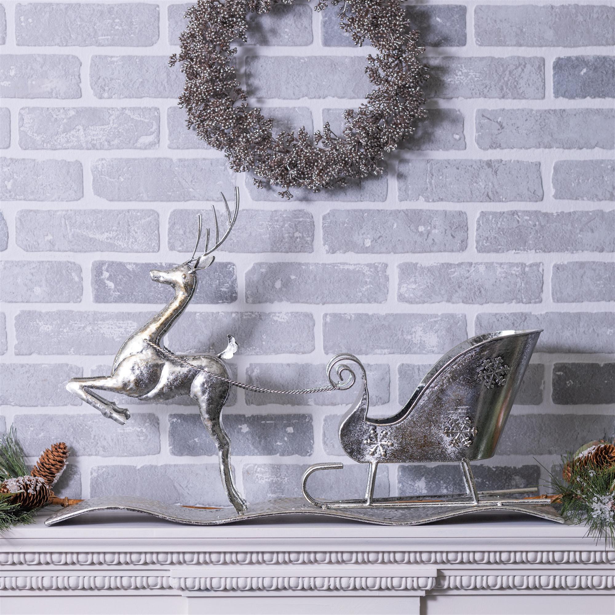 Hammered Metal Reindeer with Sleigh – Silver Christmas Decor (25.5”)
