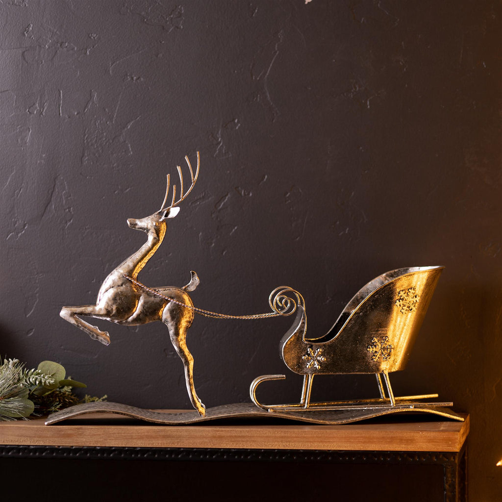 Hammered Metal Reindeer with Sleigh – Silver Christmas Decor (25.5”)
