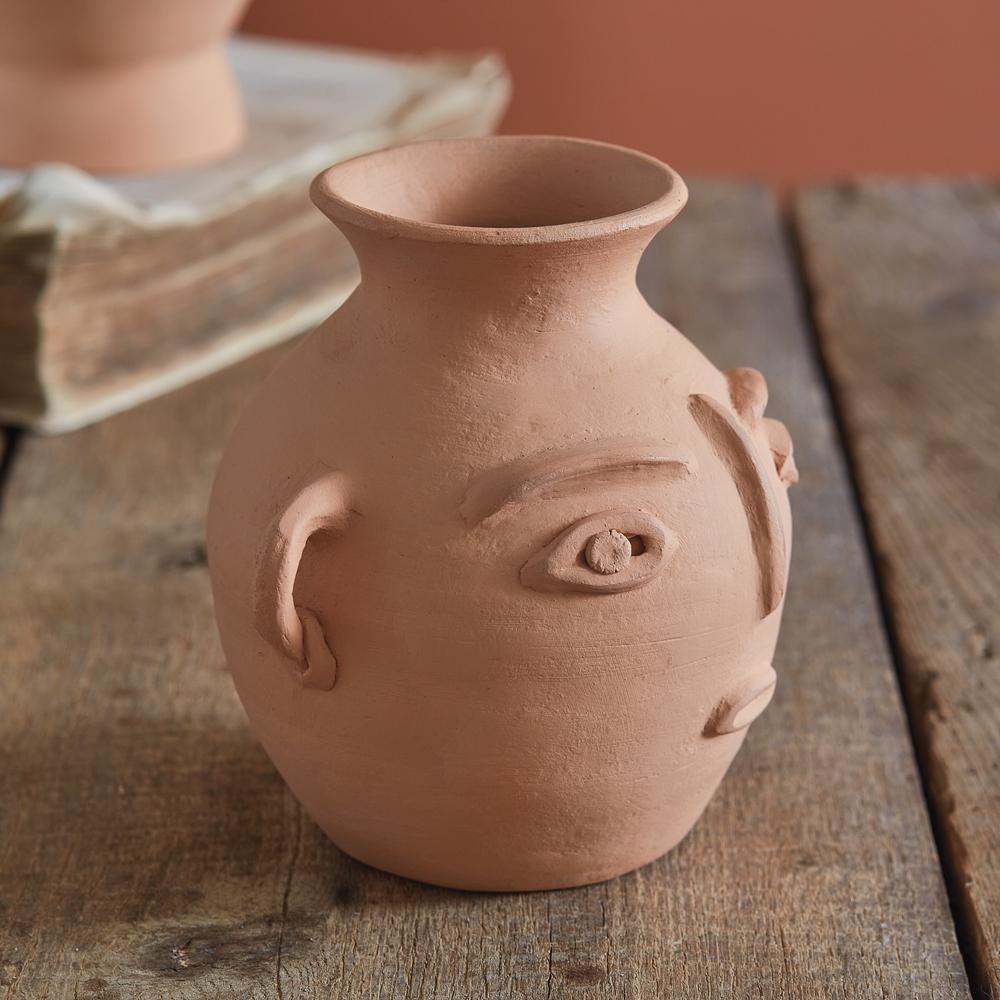 Abstract Face Terra Cotta Jug – Handmade Decorative Vase