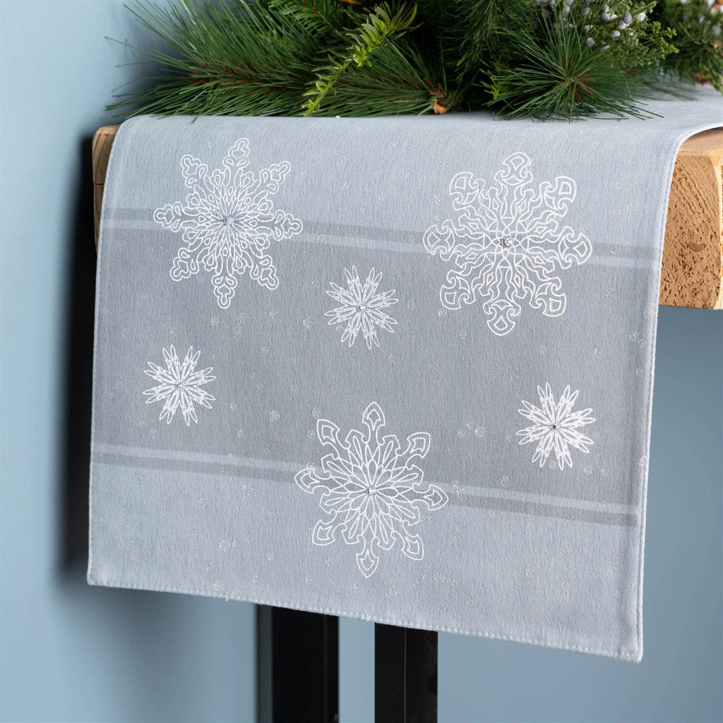 Embroidered snowflake table runner 72"l