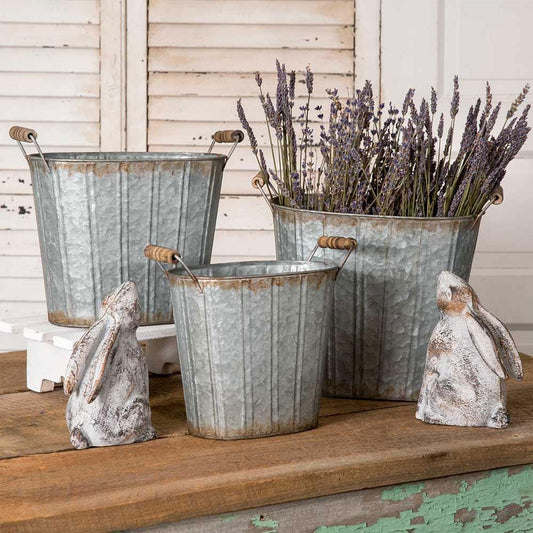Set of Three Tapered Oval Pails – Rustic Nesting Metal Buckets