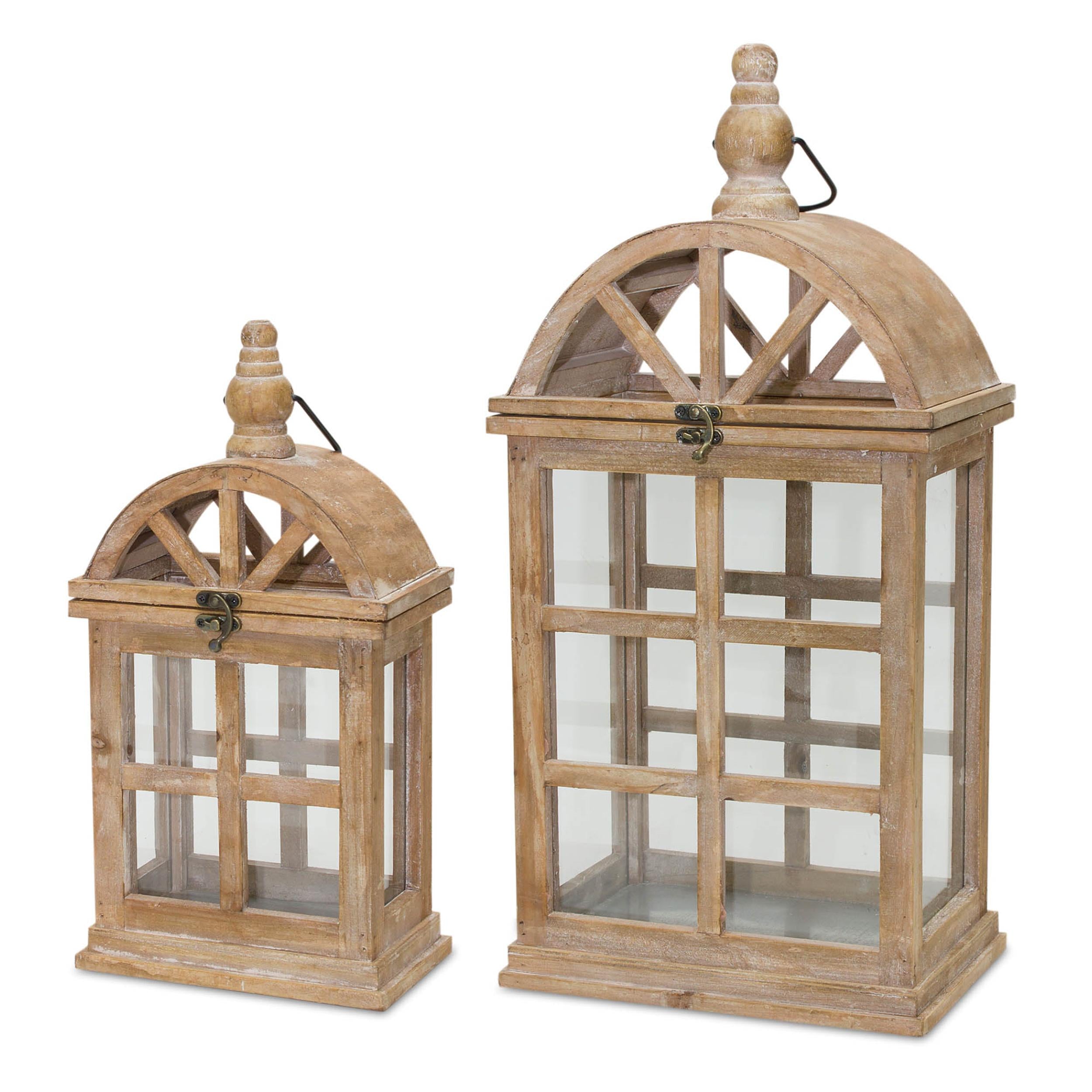 Natural wooden lantern with curved top (set of 2)