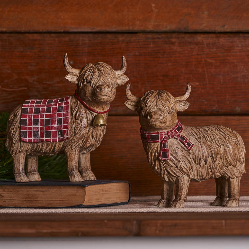 Highland Cow Christmas Figurines | Rustic Farmhouse Winter Decor Set