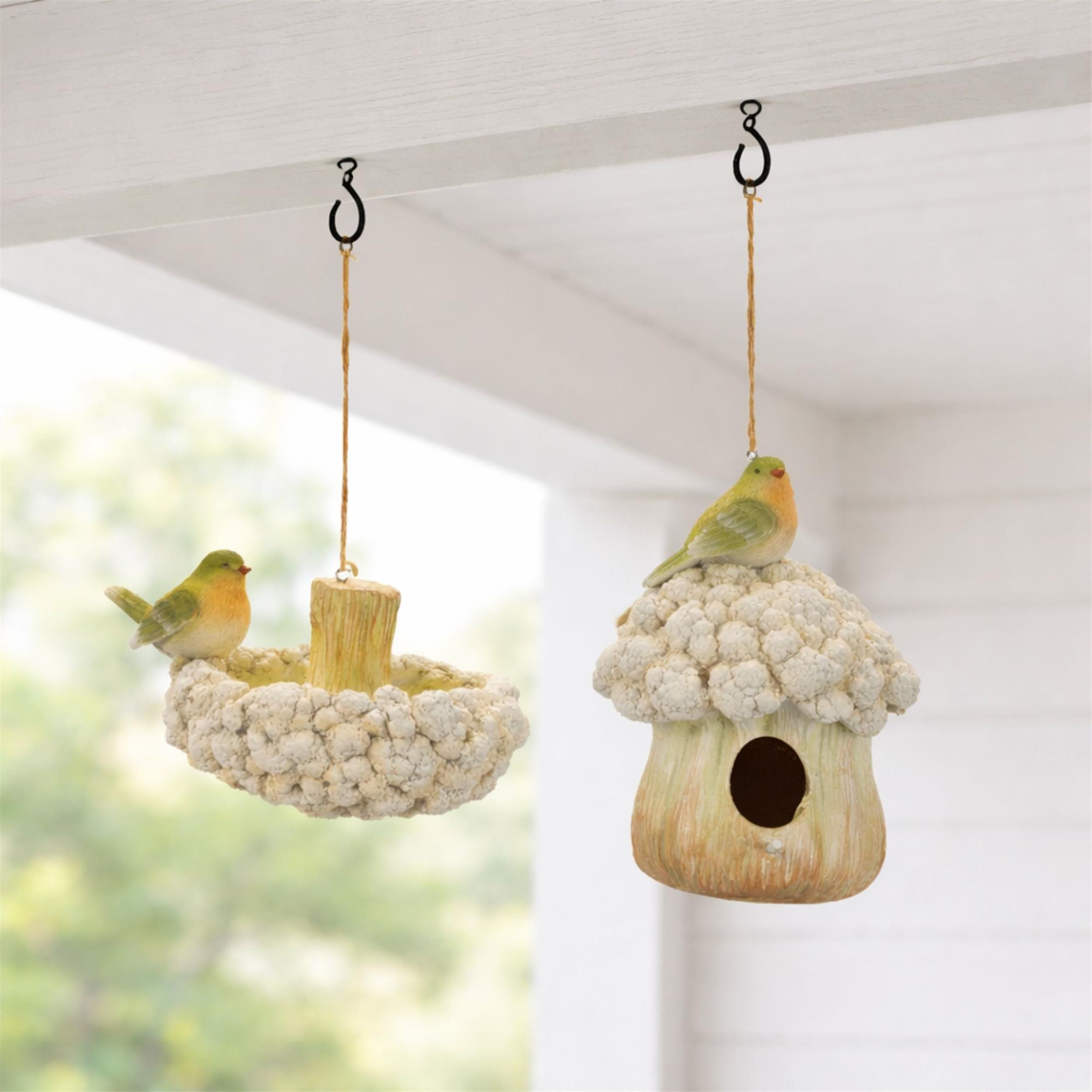 Rustic Birdhouse & Hanging Bird Bath Set | Farmhouse Garden Accent