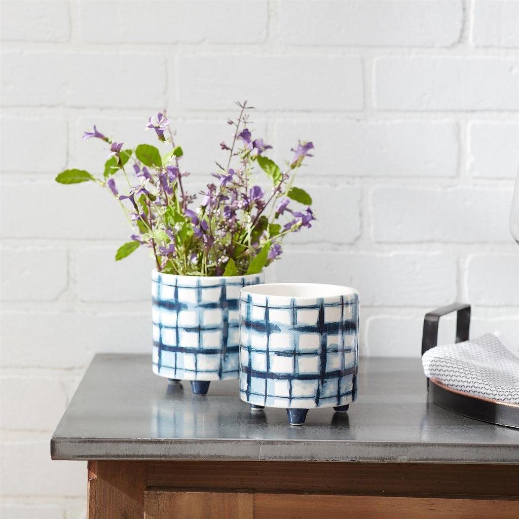 Blue and White Footed Planter Set (2 Small Pots)