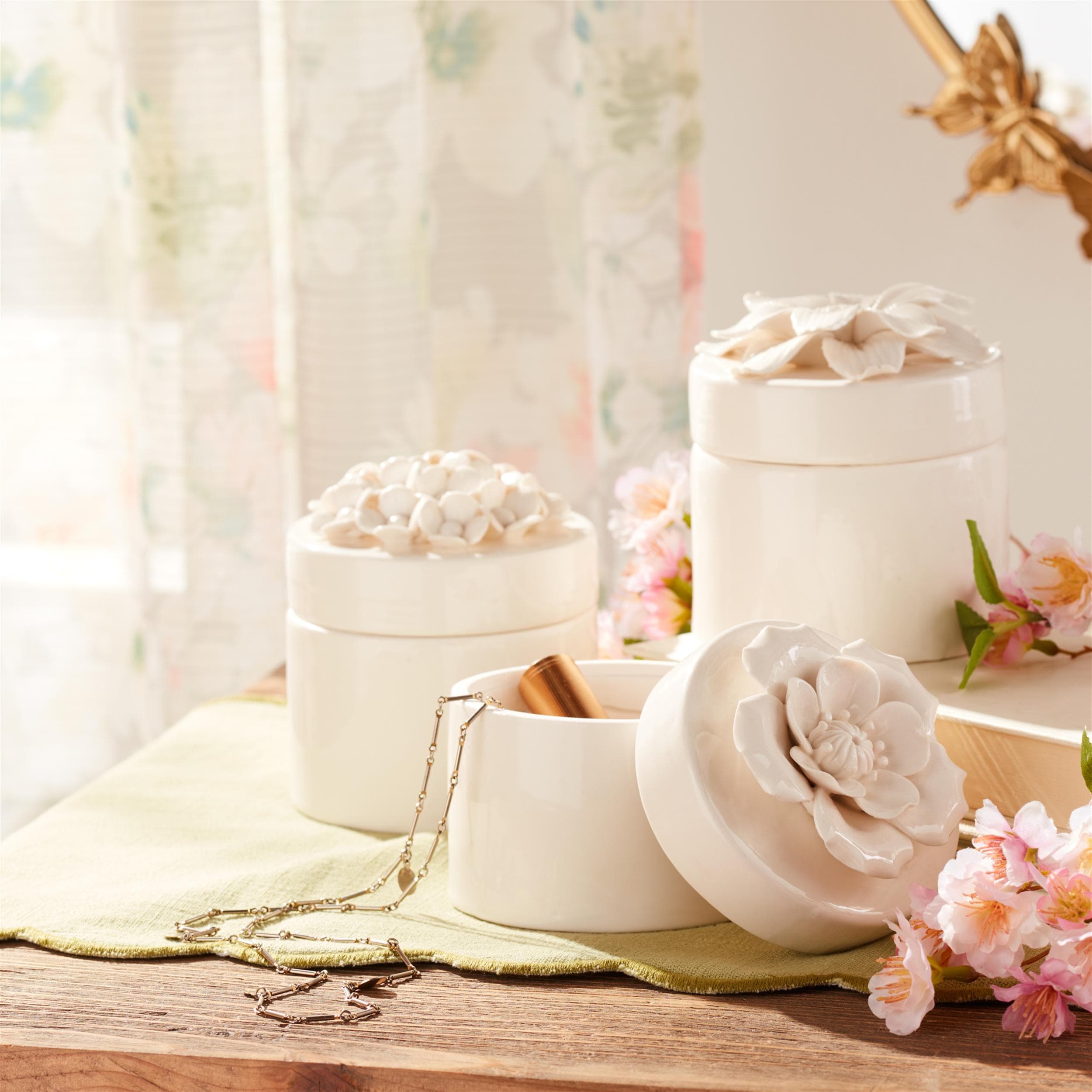White Stoneware Floral Trinket Boxes Set of 3 | Farmhouse Cottage Decor