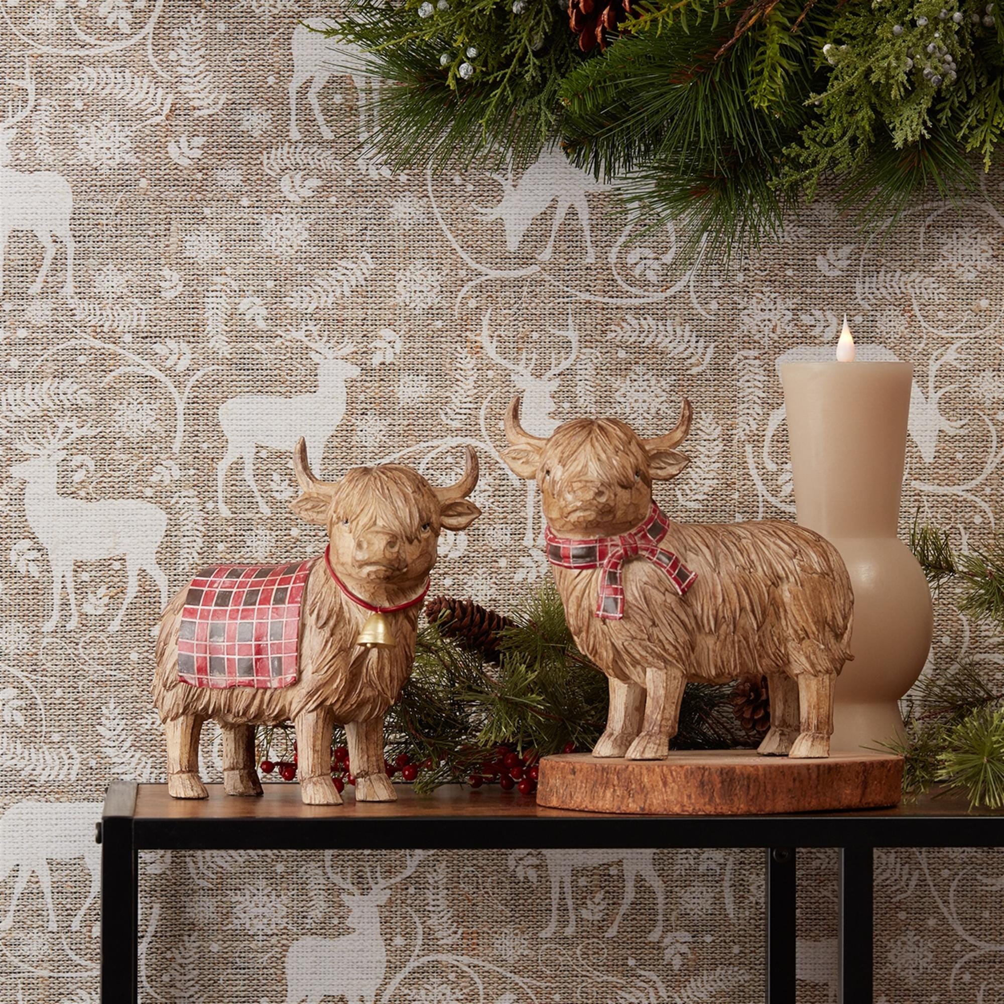 Highland Cow Christmas Figurines | Rustic Farmhouse Winter Decor Set