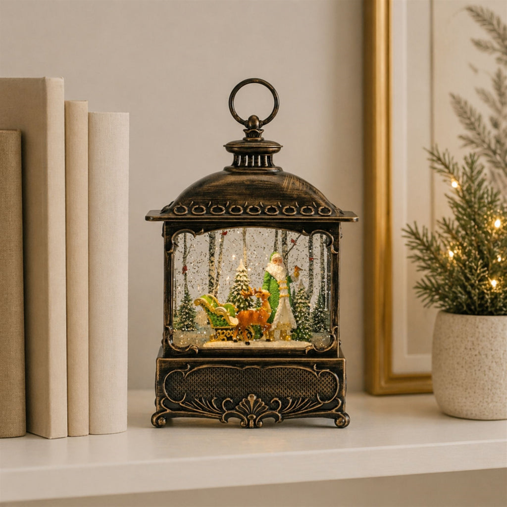 LED Snow Globe Lantern with Santa and Woodland Animals 10.5"H