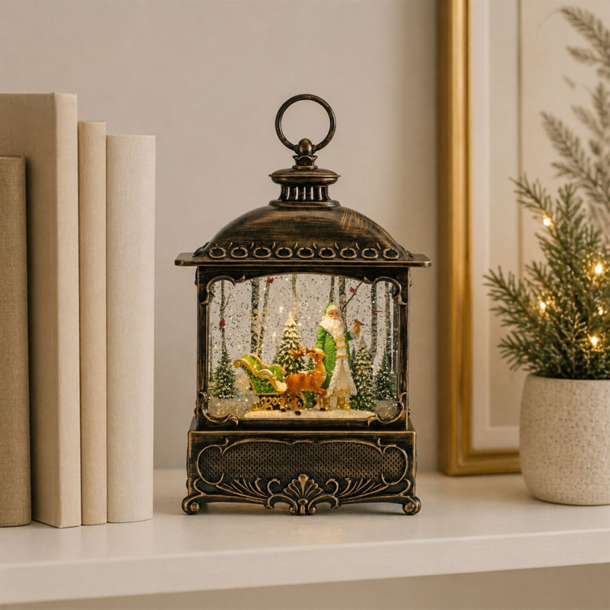 LED Snow Globe Lantern with Santa and Woodland Animals 10.5"H