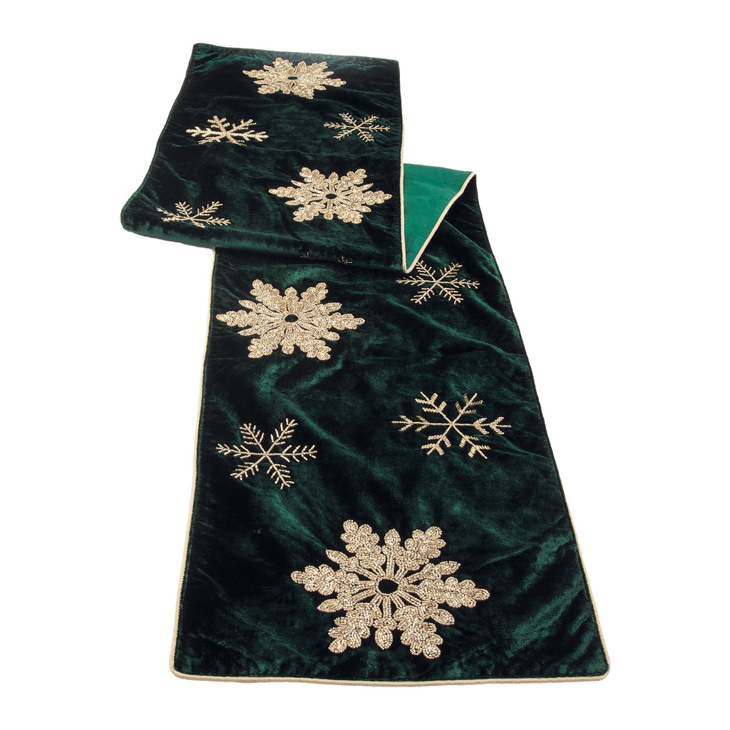 Embroidered Snowflake Table Runner 72"L - Green & Gold | Rustic Chic Farms