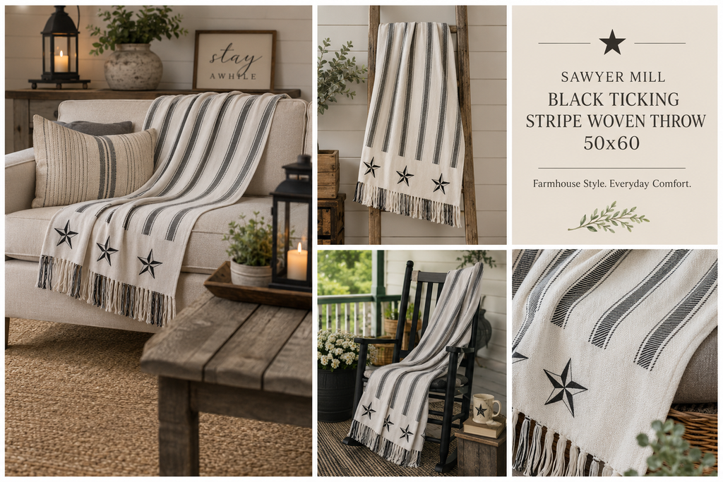 Sawyer Mill Black Ticking Stripe Farmhouse Throw Blanket with Barn Stars – 50x60