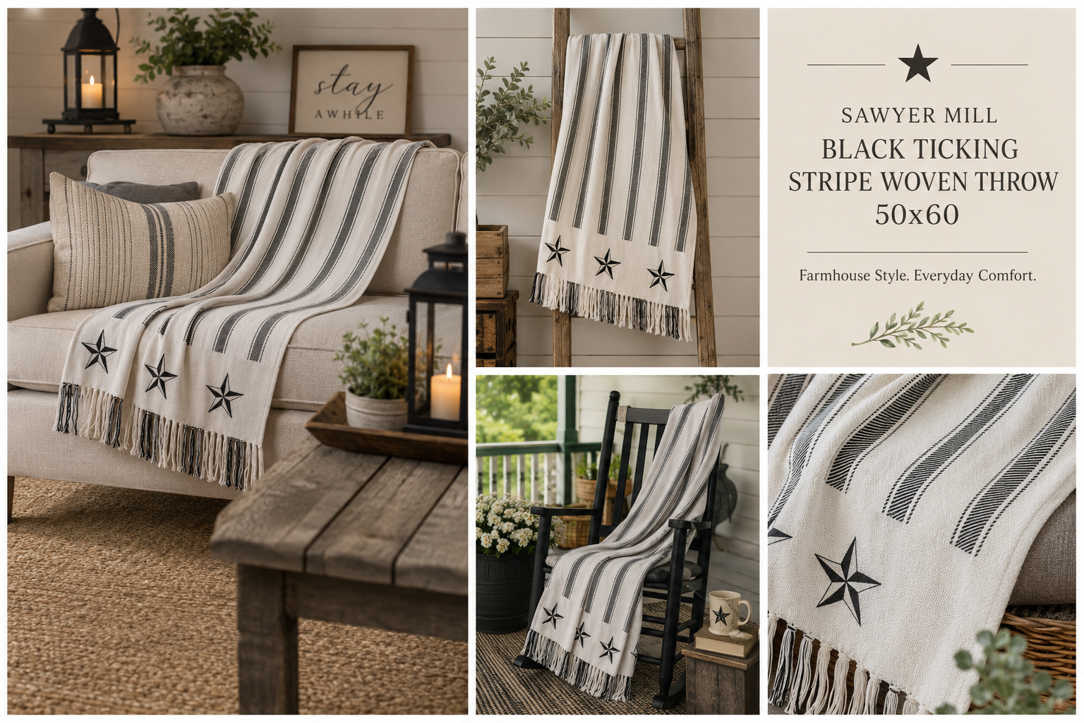 Sawyer Mill Black Ticking Stripe Farmhouse Throw Blanket with Barn Stars – 50x60