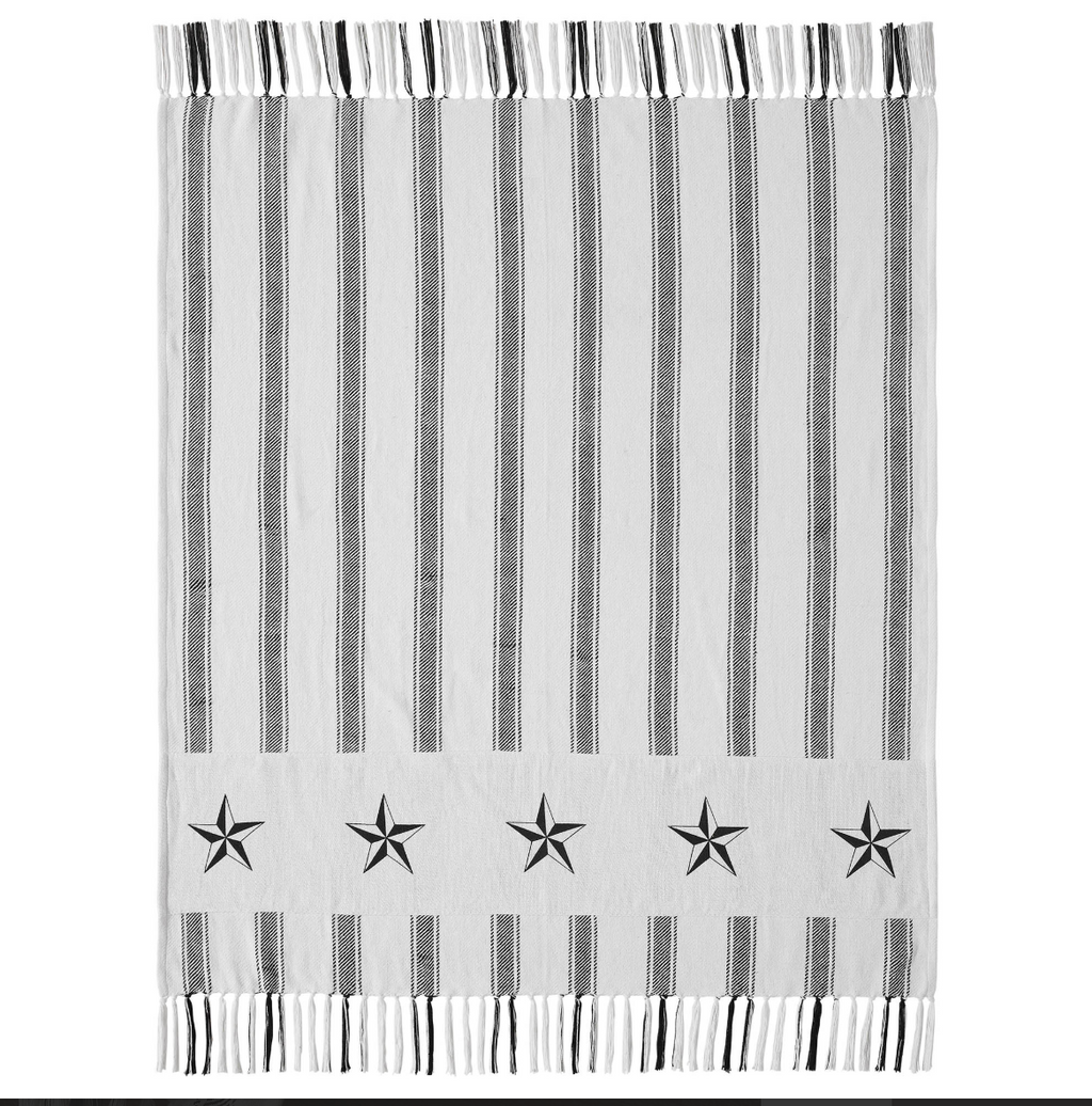 Sawyer Mill Black Ticking Stripe Farmhouse Throw Blanket with Barn Stars – 50x60