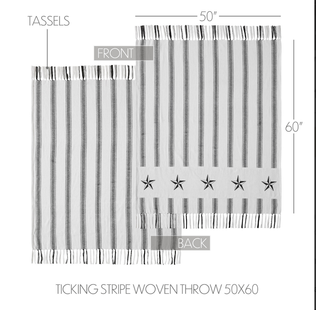 Sawyer Mill Black Ticking Stripe Farmhouse Throw Blanket with Barn Stars – 50x60