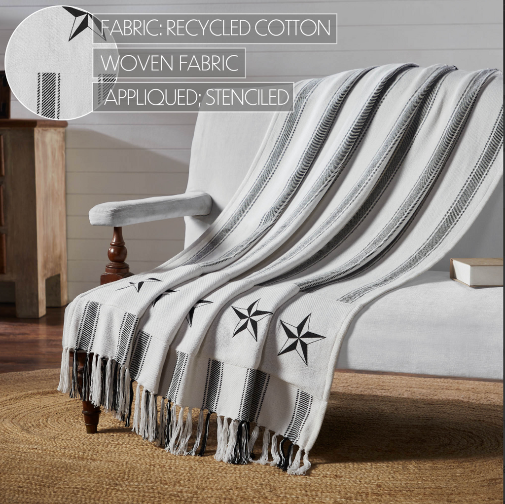 Sawyer Mill Black Ticking Stripe Farmhouse Throw Blanket with Barn Stars – 50x60