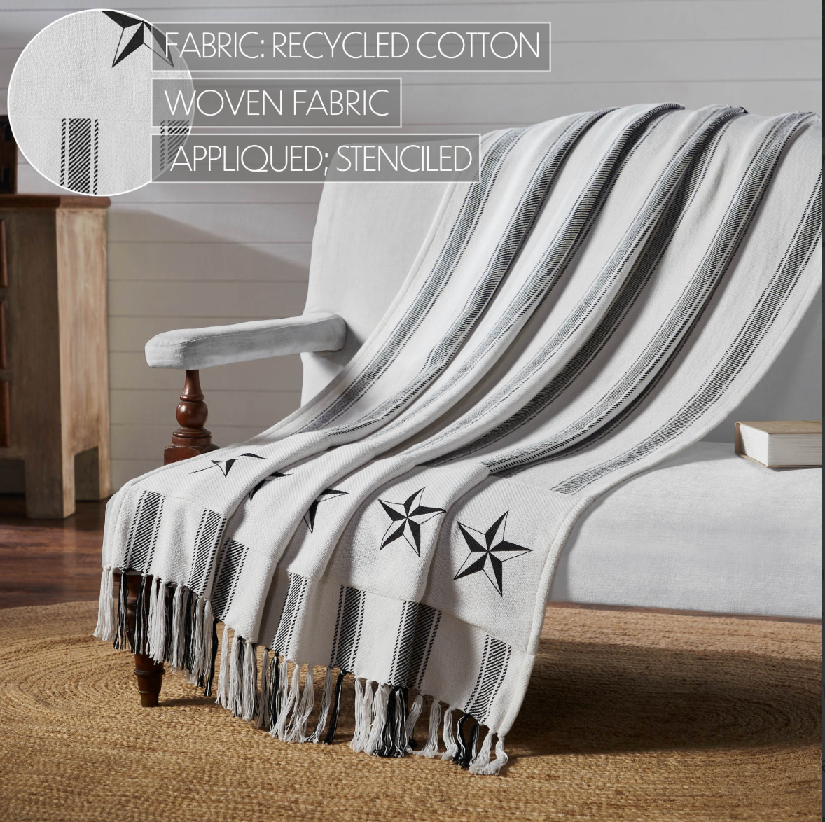 Sawyer Mill Black Ticking Stripe Farmhouse Throw Blanket with Barn Stars – 50x60