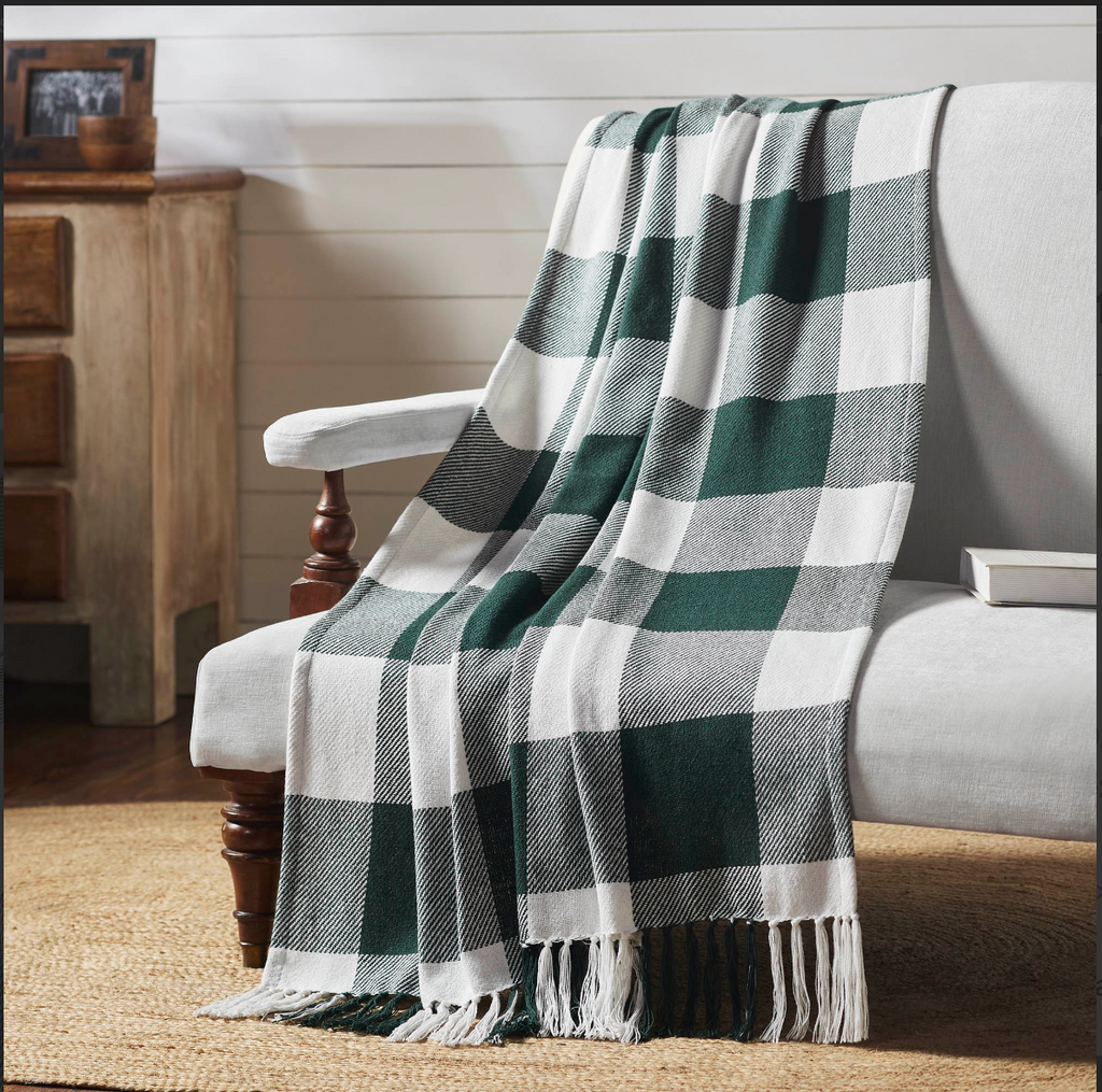 Hunter Green Buffalo Check Farmhouse Throw Blanket | 50x60 Woven Cotton Blend