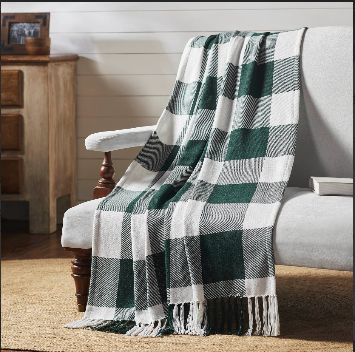 Hunter Green Buffalo Check Farmhouse Throw Blanket | 50x60 Woven Cotton Blend