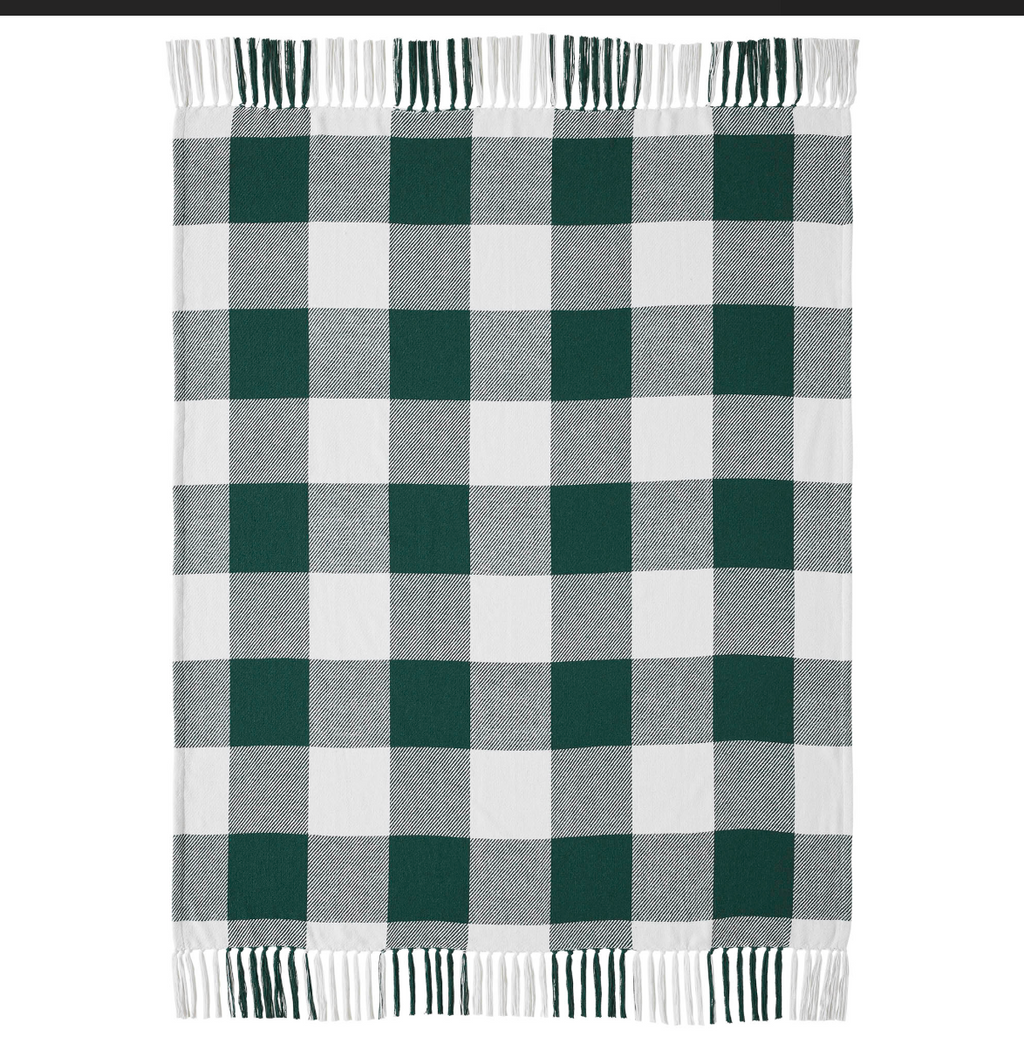 Hunter Green Buffalo Check Farmhouse Throw Blanket | 50x60 Woven Cotton Blend