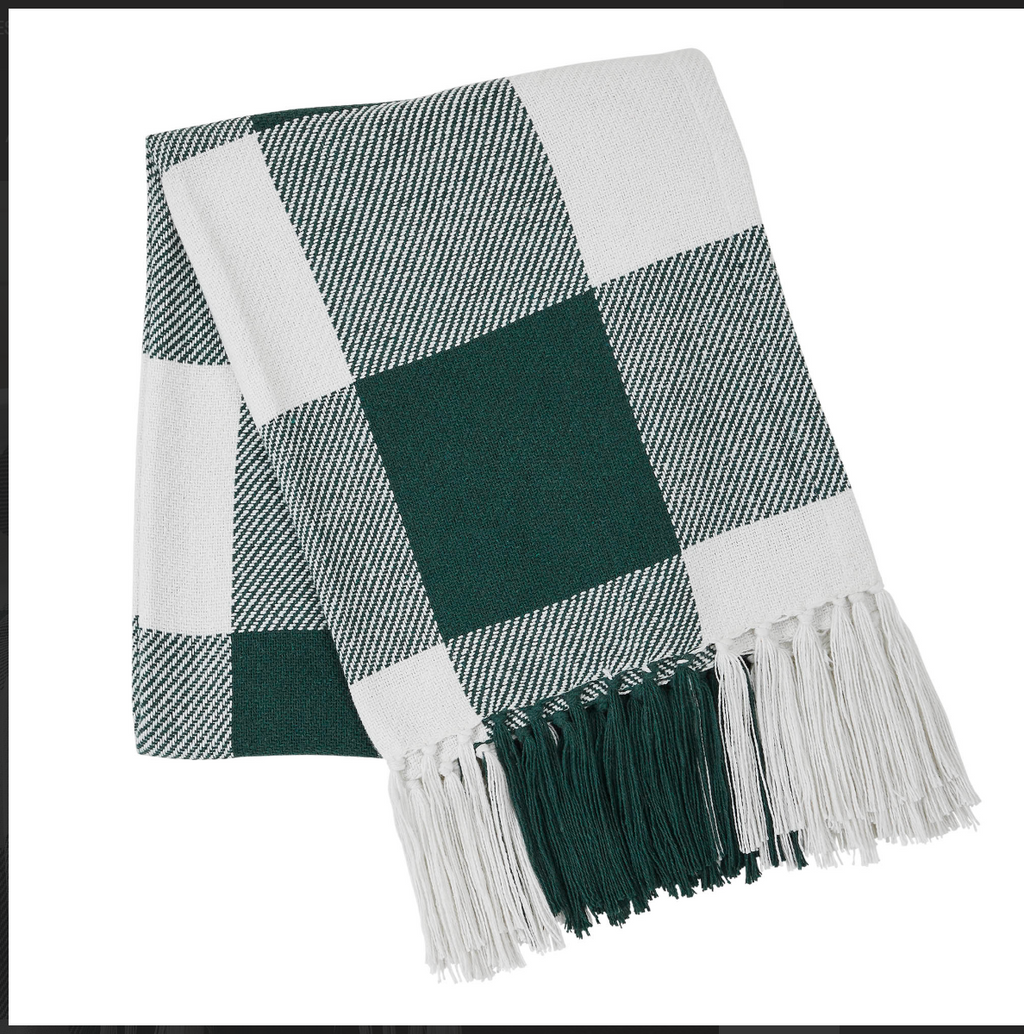 Hunter Green Buffalo Check Farmhouse Throw Blanket | 50x60 Woven Cotton Blend