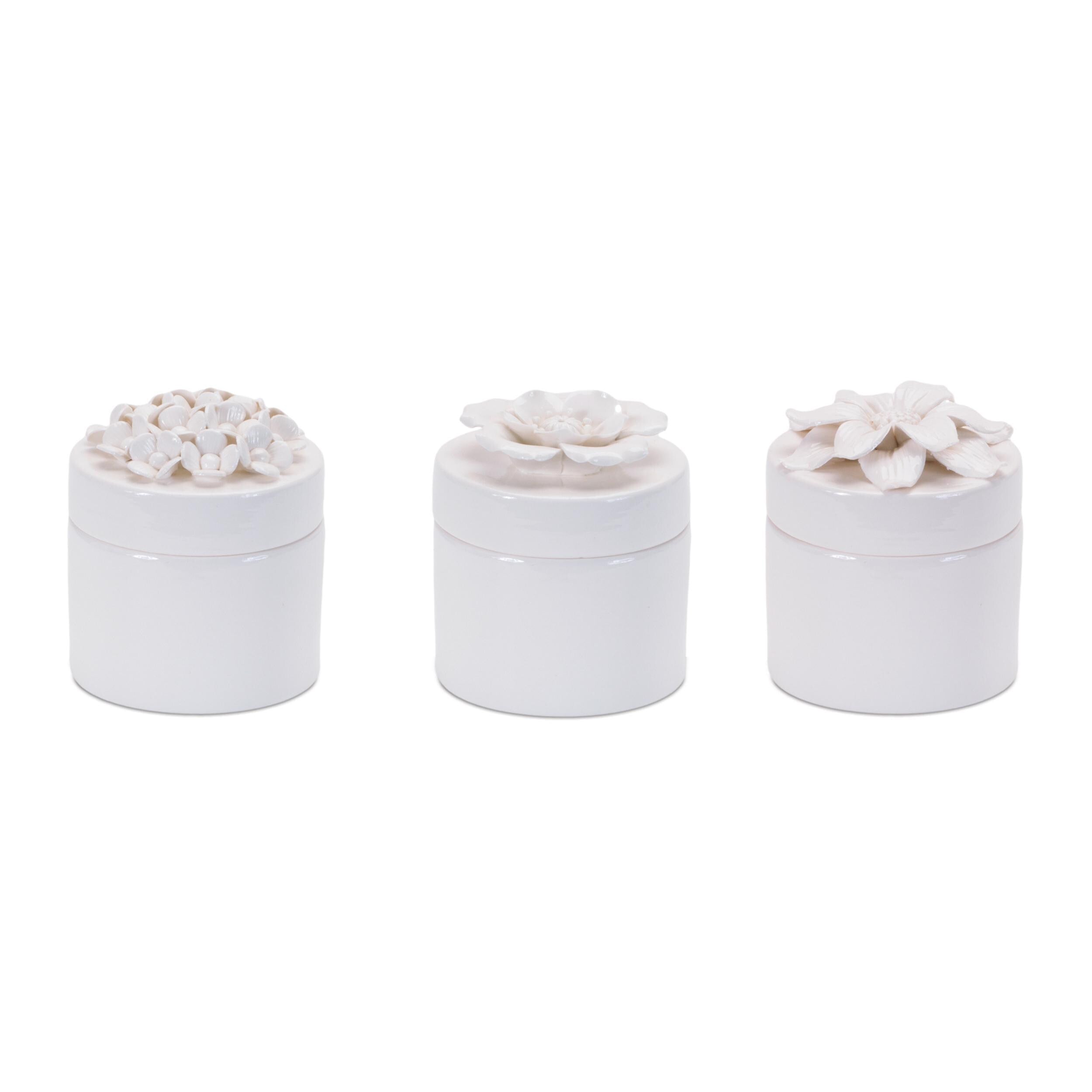 White Stoneware Floral Trinket Boxes Set of 3 | Farmhouse Cottage Decor
