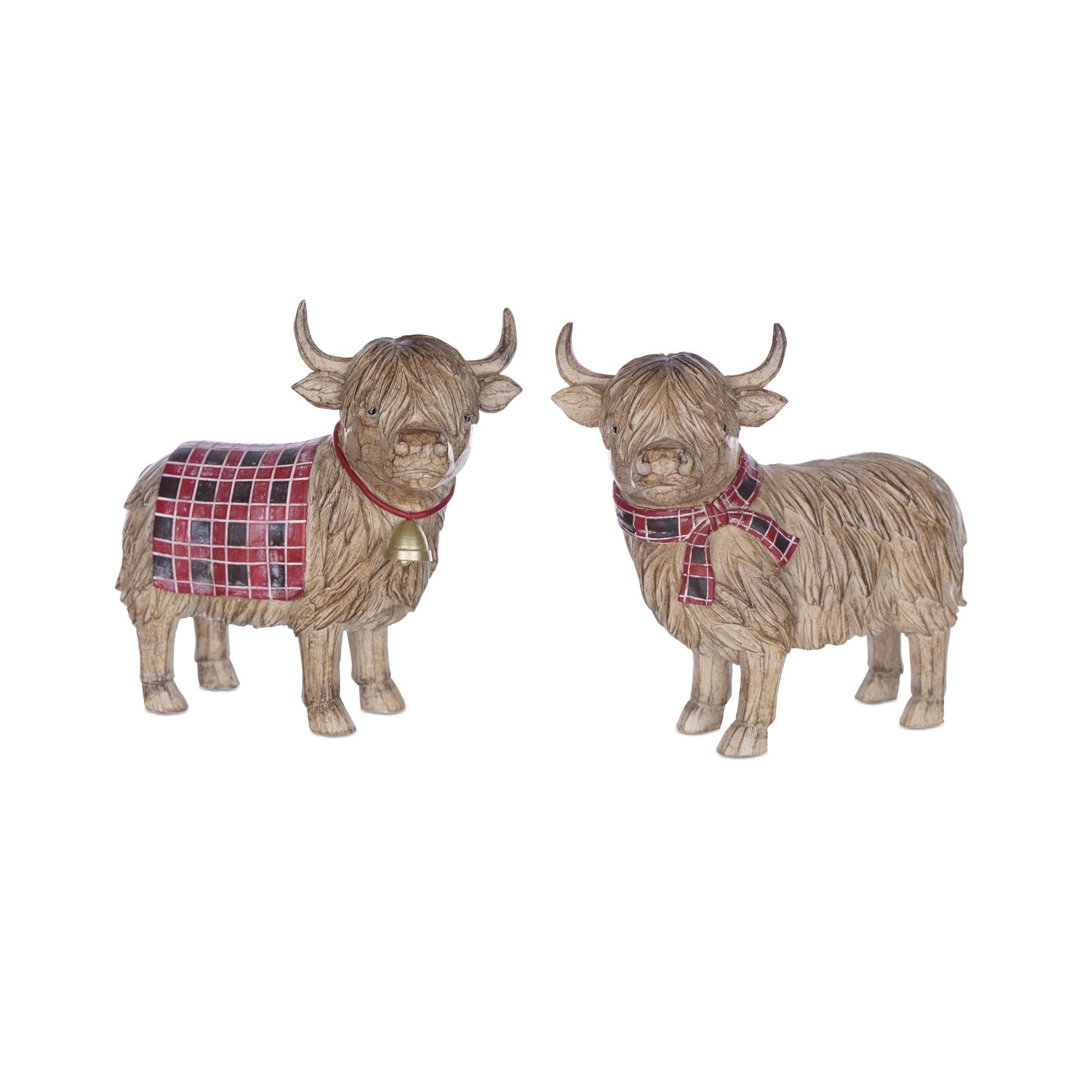 Highland Cow Christmas Figurines | Rustic Farmhouse Winter Decor Set