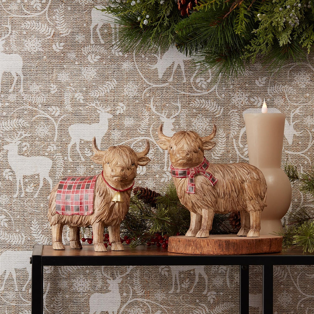 Highland Cow Christmas Figurines | Rustic Farmhouse Winter Decor Set