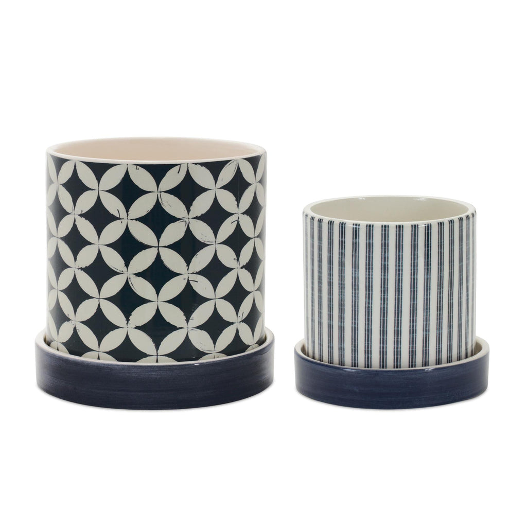 Blue and White Planter Set with Saucers (2 Sizes)