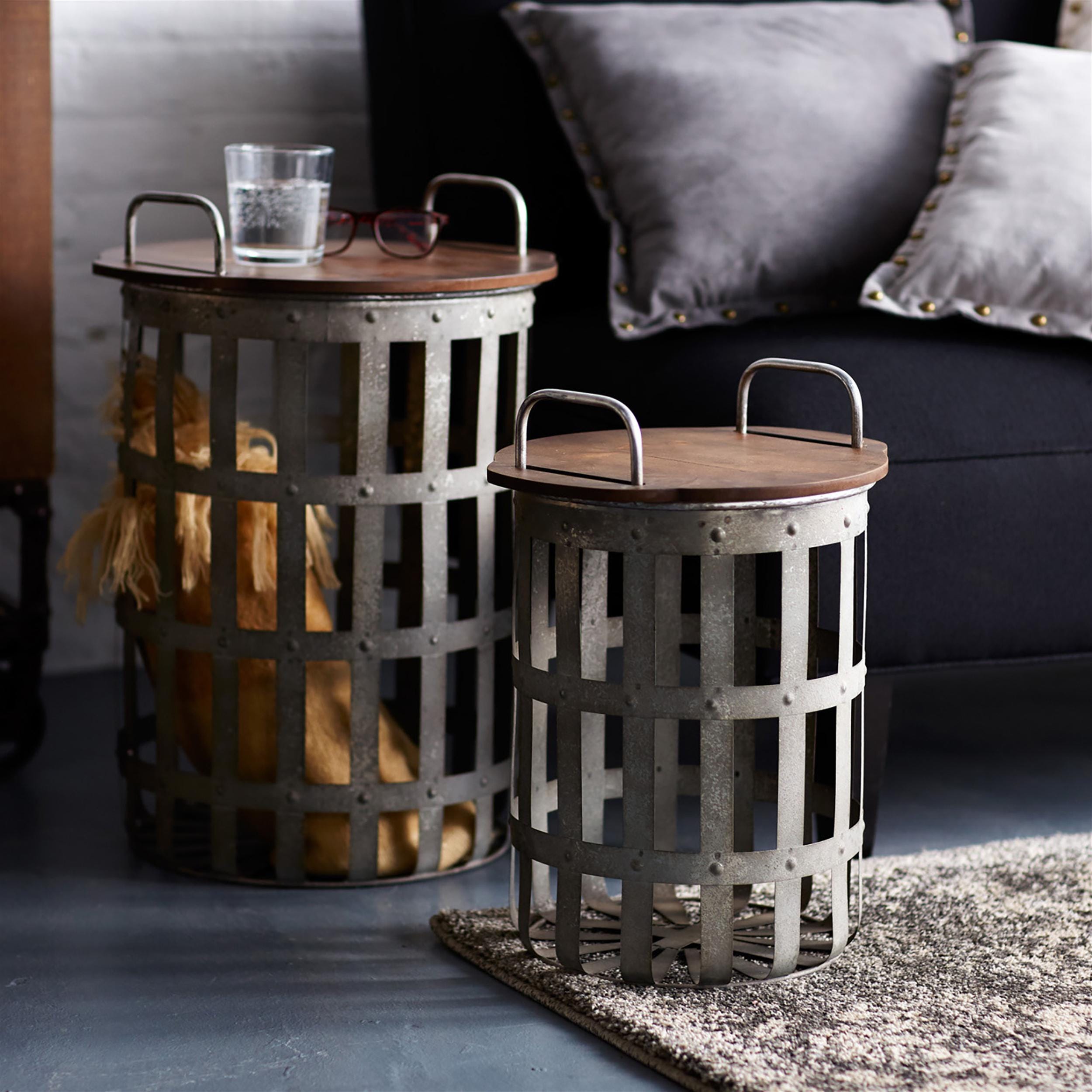 Farmhouse Wood & Metal Basket Side Tables (Set of 2)