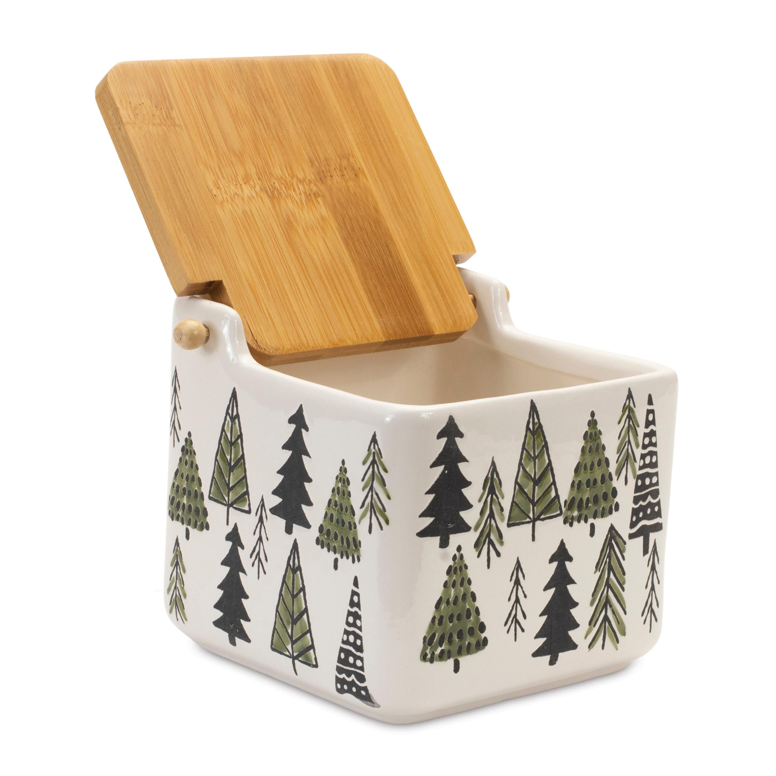 Ceramic pine tree canister with wood lid 5.25"
